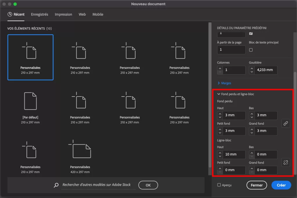 Définition fonds perdus InDesign